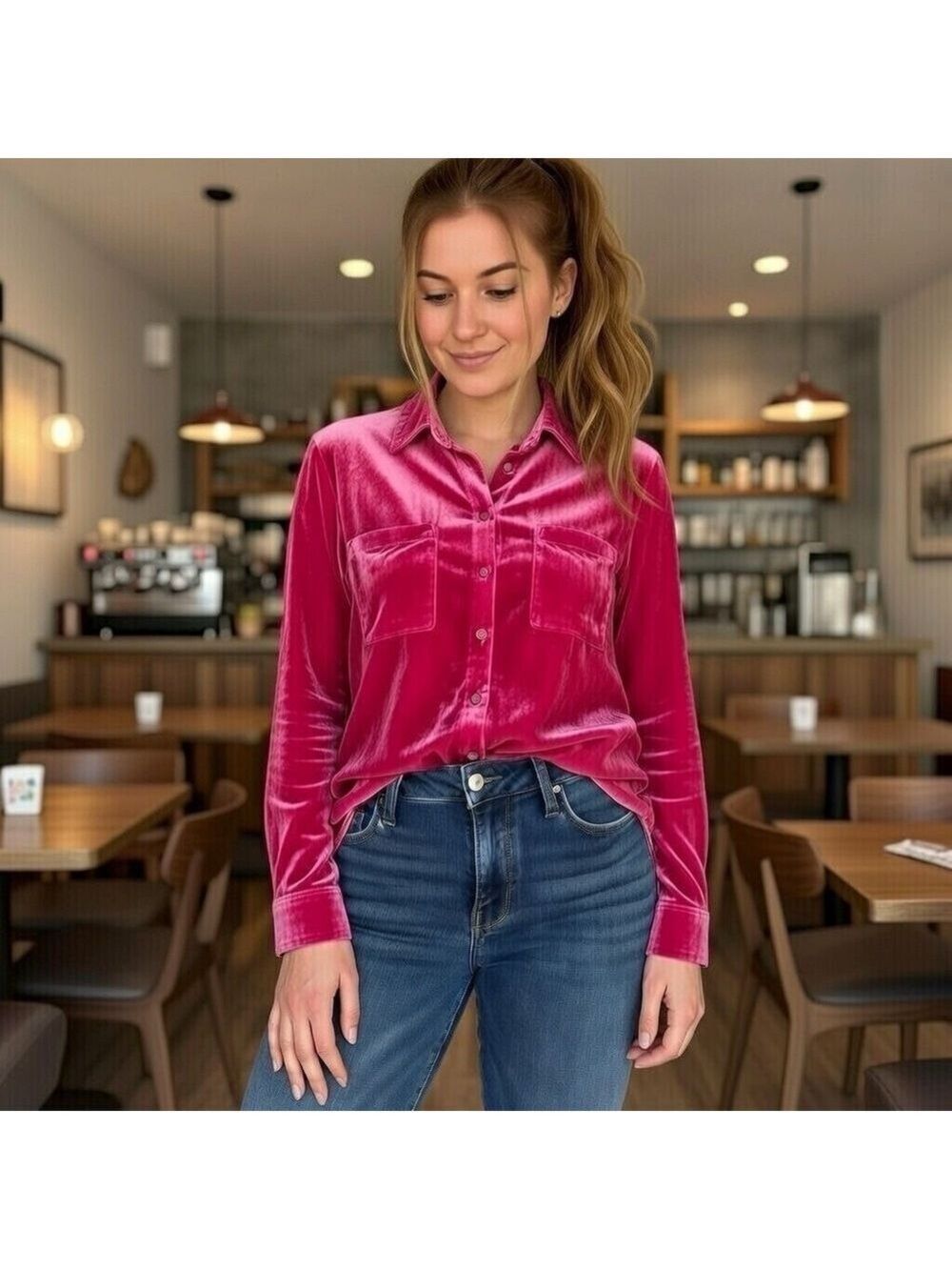 Pilcro Velvet Button-Down Shirt Hot Pink Size 6 Excellent Condition